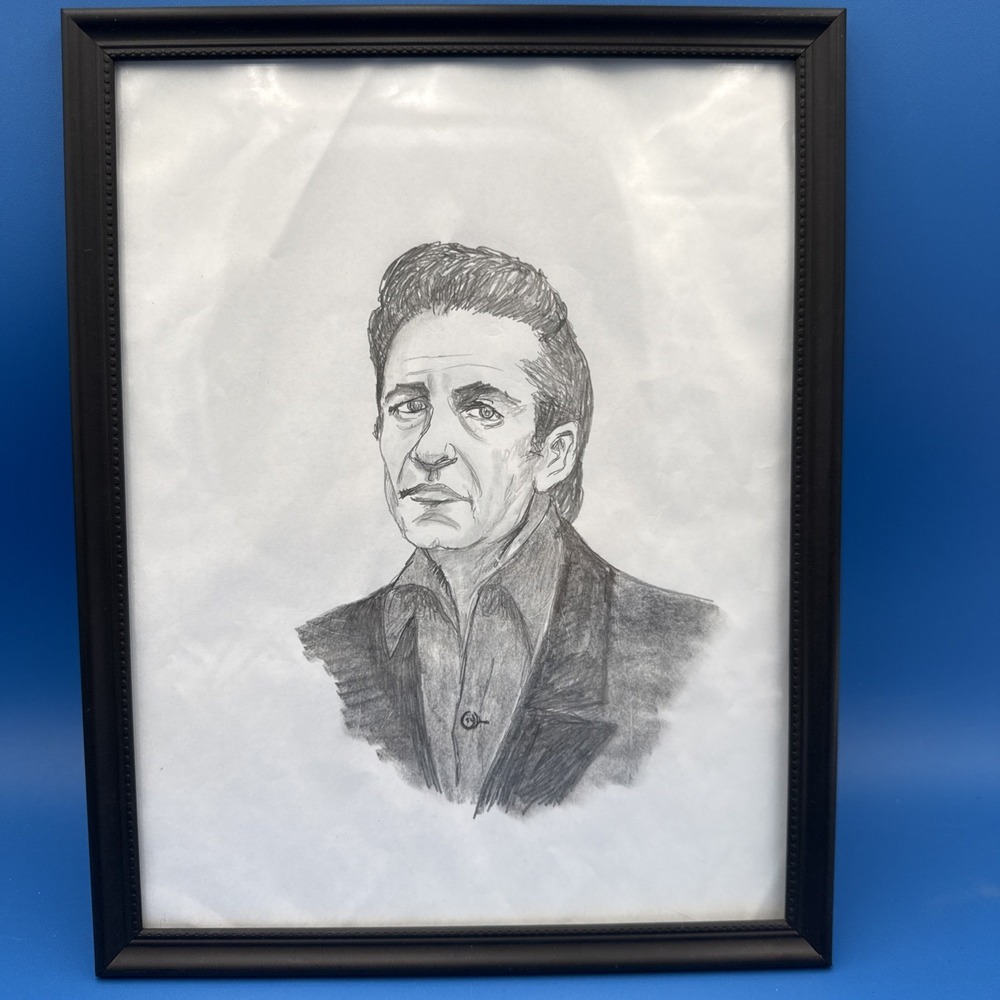 Johnny Cash Original Hand Drawn Pencil Portrait Framed Country Music Art